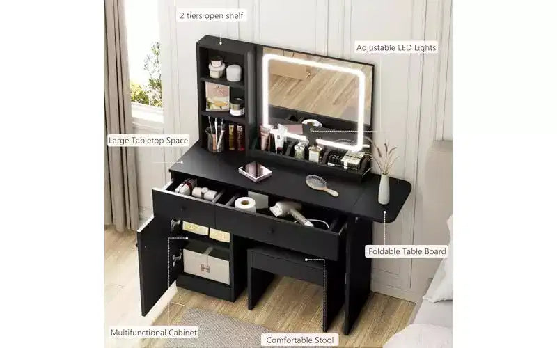 Coiffeuse de chambre avec lumières, commode en bois, commode moderne avec tiroirs, meuble, étagère et tabouret pour coiffeuse.