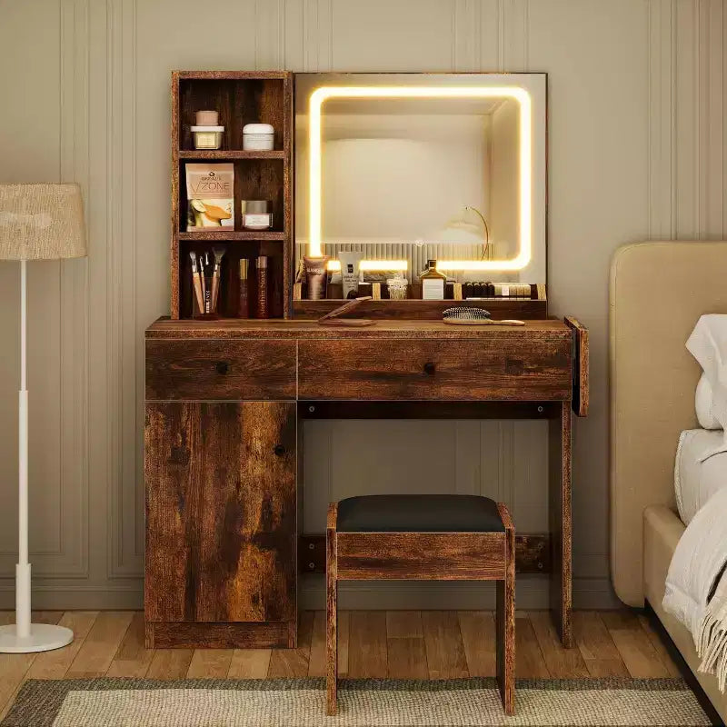 Coiffeuse de chambre avec lumières, commode en bois, commode moderne avec tiroirs, meuble, étagère et tabouret pour coiffeuse.