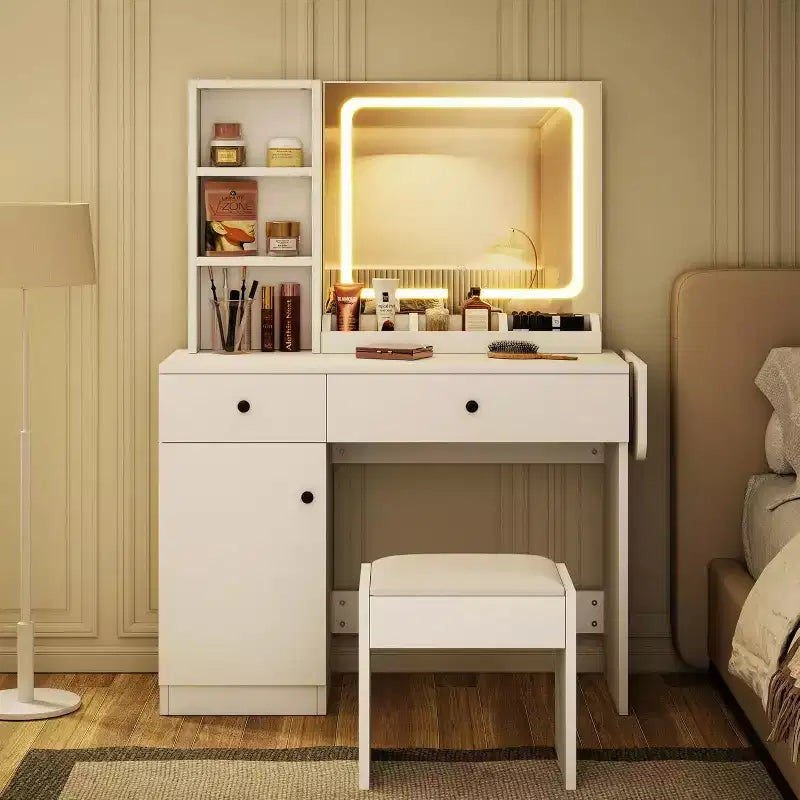 Coiffeuse de chambre avec lumières, commode en bois, commode moderne avec tiroirs, meuble, étagère et tabouret pour coiffeuse.