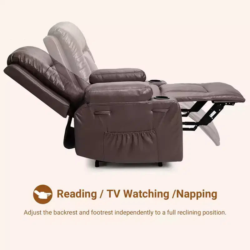 Fauteuil releveur inclinable en cuir PU, meuble réglable pour le dos et les jambes avec 3 positions, poche latérale (largeur d'assise 56 cm + porte-gobelets)