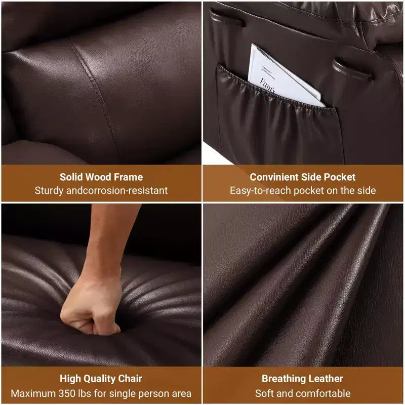 Fauteuil releveur inclinable en cuir PU, meuble réglable pour le dos et les jambes avec 3 positions, poche latérale (largeur d'assise 56 cm + porte-gobelets)