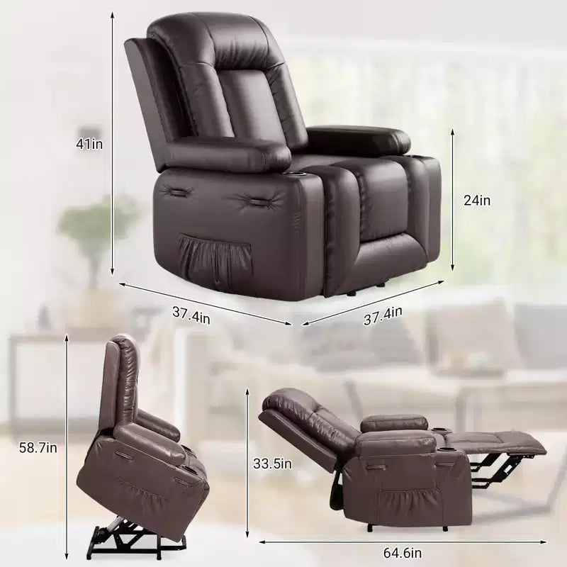 Fauteuil releveur inclinable en cuir PU, meuble réglable pour le dos et les jambes avec 3 positions, poche latérale (largeur d'assise 56 cm + porte-gobelets)