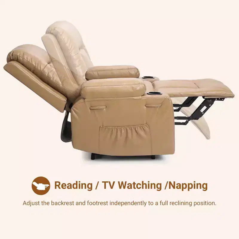 Fauteuil releveur inclinable en cuir PU, meuble réglable pour le dos et les jambes avec 3 positions, poche latérale (largeur d'assise 56 cm + porte-gobelets)