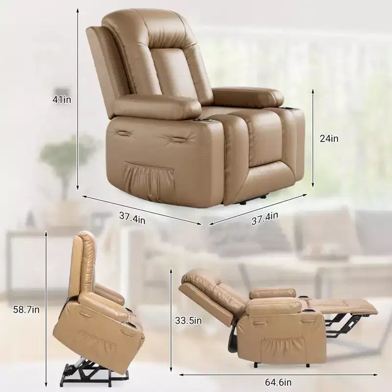 Fauteuil releveur inclinable en cuir PU, meuble réglable pour le dos et les jambes avec 3 positions, poche latérale (largeur d'assise 56 cm + porte-gobelets)