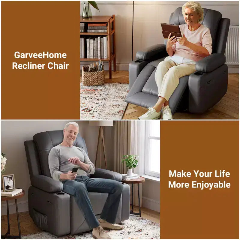 Fauteuil releveur inclinable en cuir PU, meuble réglable pour le dos et les jambes avec 3 positions, poche latérale (largeur d'assise 56 cm + porte-gobelets)