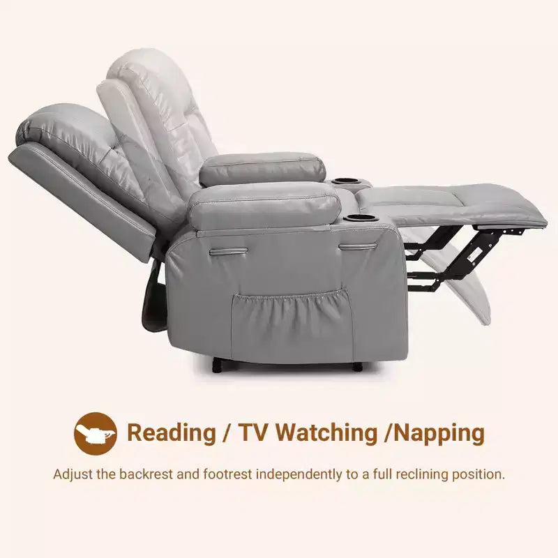 Fauteuil releveur inclinable en cuir PU, meuble réglable pour le dos et les jambes avec 3 positions, poche latérale (largeur d'assise 56 cm + porte-gobelets)