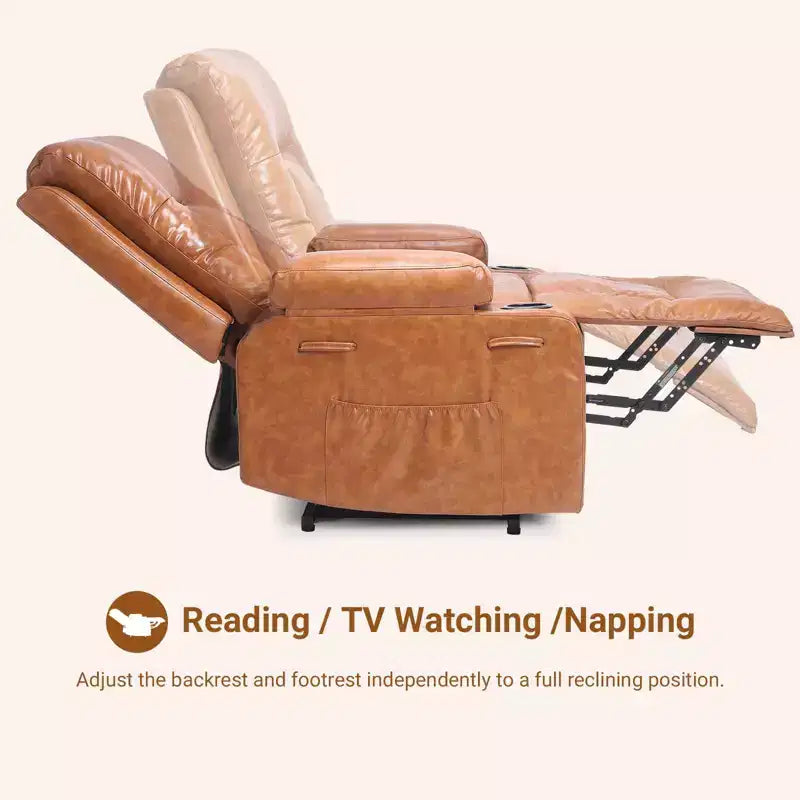 Fauteuil releveur inclinable en cuir PU, meuble réglable pour le dos et les jambes avec 3 positions, poche latérale (largeur d'assise 56 cm + porte-gobelets)