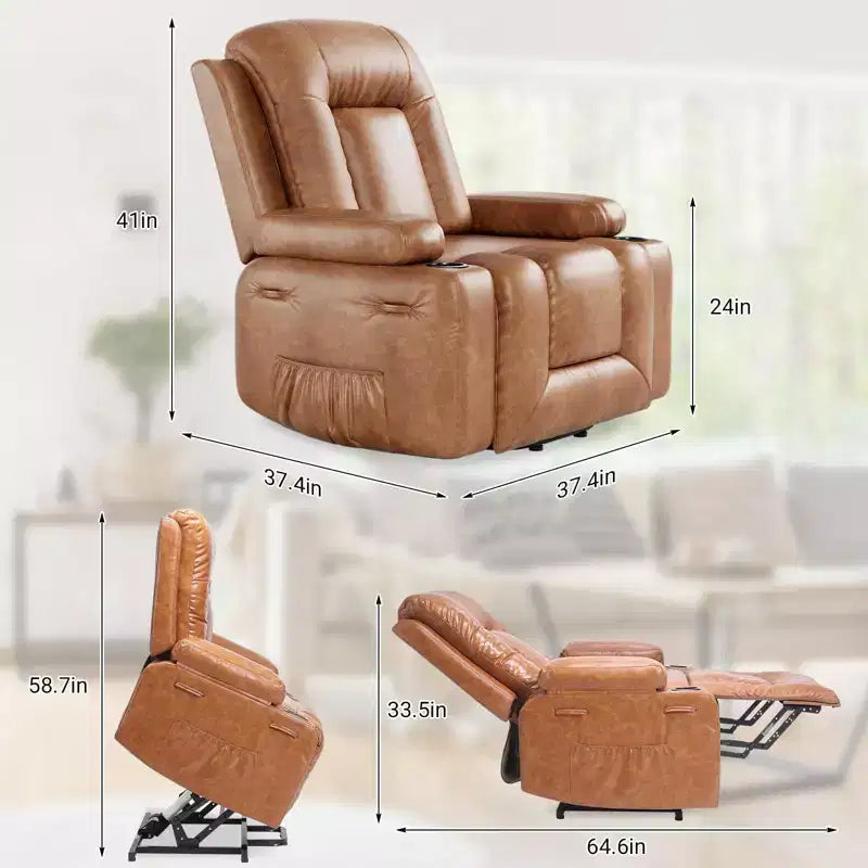 Fauteuil releveur inclinable en cuir PU, meuble réglable pour le dos et les jambes avec 3 positions, poche latérale (largeur d'assise 56 cm + porte-gobelets)