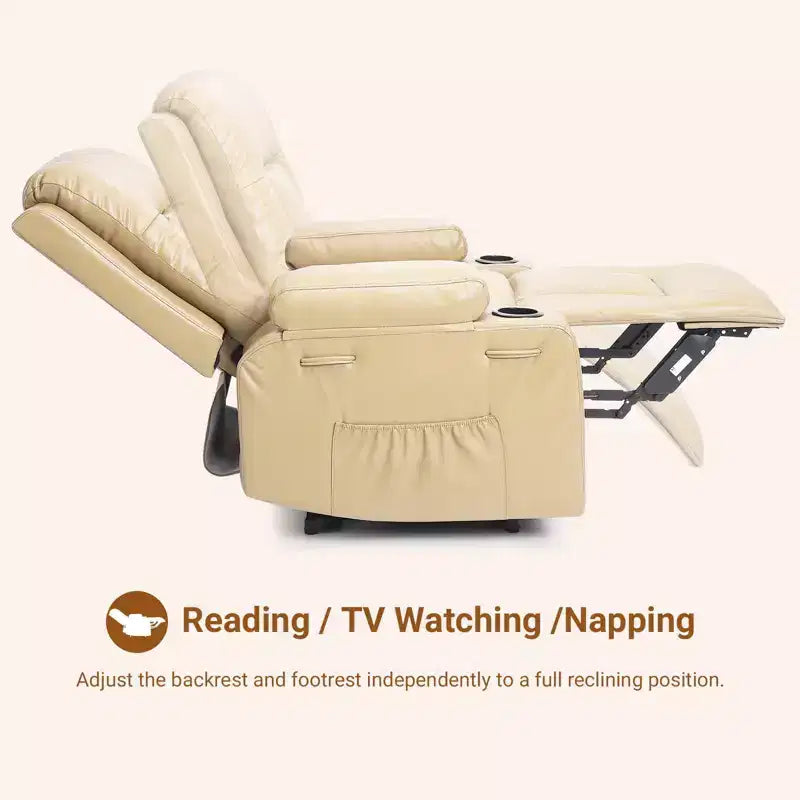 Fauteuil releveur inclinable en cuir PU, meuble réglable pour le dos et les jambes avec 3 positions, poche latérale (largeur d'assise 56 cm + porte-gobelets)