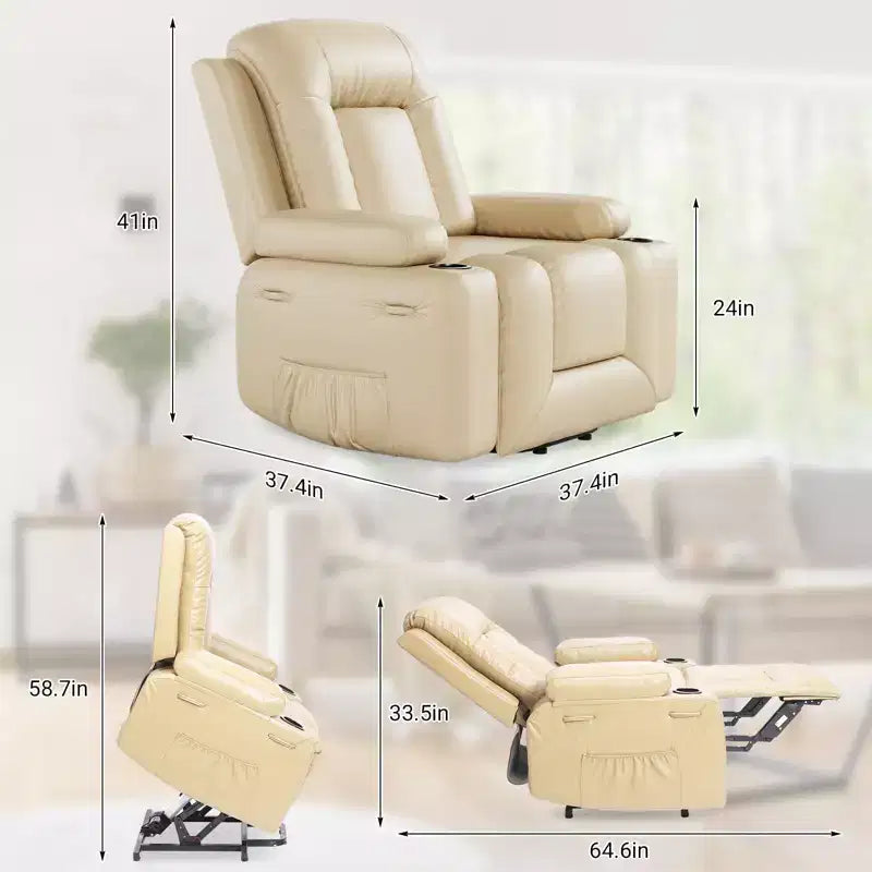 Fauteuil releveur inclinable en cuir PU, meuble réglable pour le dos et les jambes avec 3 positions, poche latérale (largeur d'assise 56 cm + porte-gobelets)