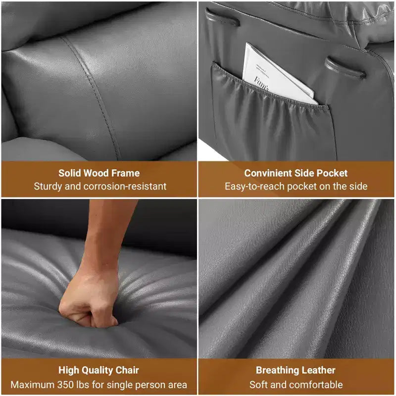 Fauteuil releveur inclinable en cuir PU, meuble réglable pour le dos et les jambes avec 3 positions, poche latérale (largeur d'assise 56 cm + porte-gobelets)