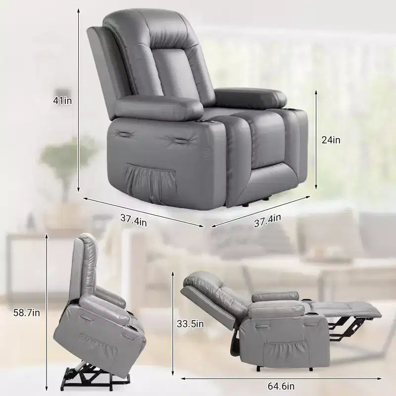 Fauteuil releveur inclinable en cuir PU, meuble réglable pour le dos et les jambes avec 3 positions, poche latérale (largeur d'assise 56 cm + porte-gobelets)