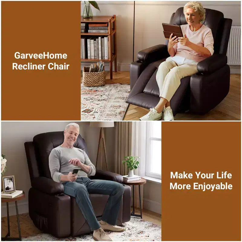 Fauteuil releveur inclinable en cuir PU, meuble réglable pour le dos et les jambes avec 3 positions, poche latérale (largeur d'assise 56 cm + porte-gobelets)