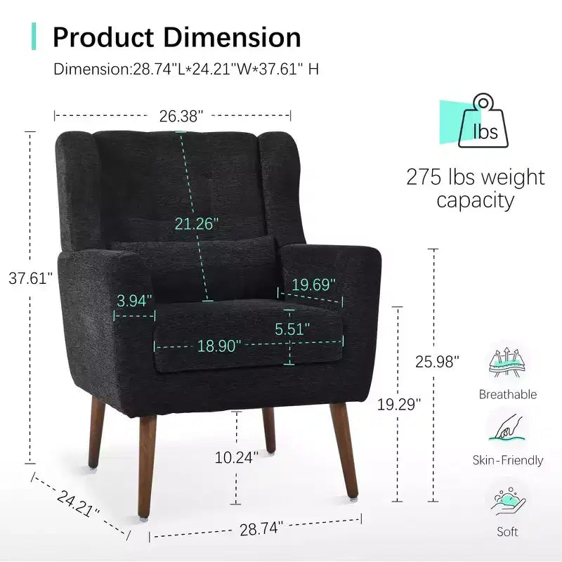 Fauteuil d'appoint moderne avec coussin rembourré et coussin décoratif, fauteuil de lecture avec pieds en bois, fauteuils d'appoint confortables pour le salon, la chambre à coucher