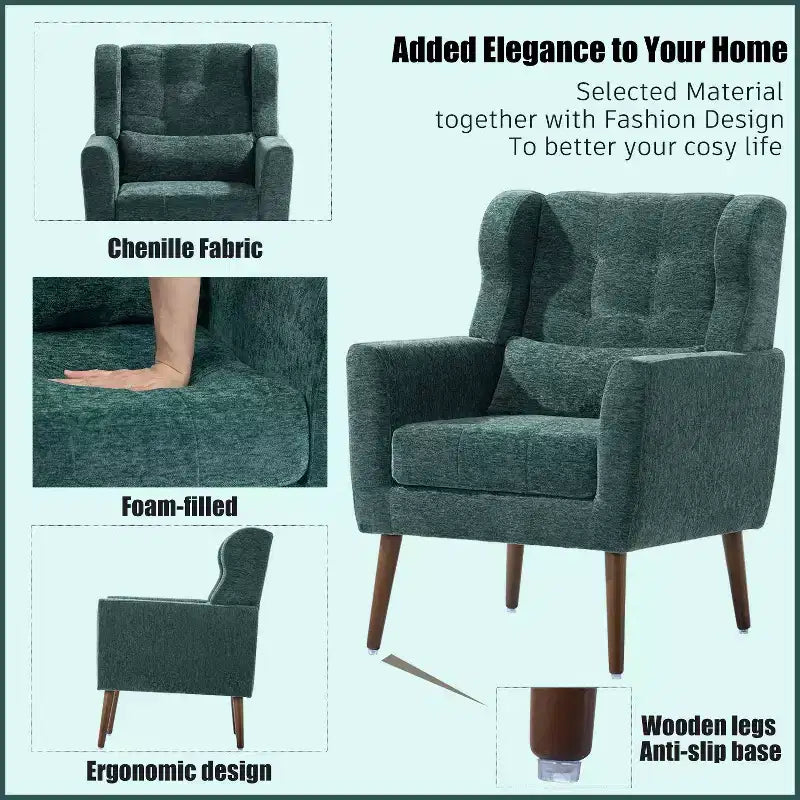 Fauteuil d'appoint moderne avec coussin rembourré et coussin décoratif, fauteuil de lecture avec pieds en bois, fauteuils d'appoint confortables pour le salon, la chambre à coucher
