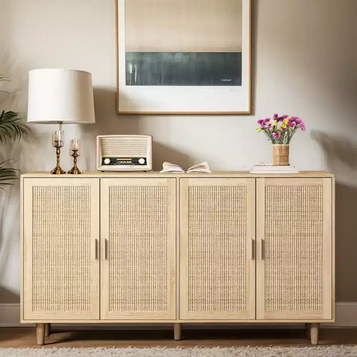 JVNOXK 62.20-inch Elegant and Practical Four-Door Rattan Decorative Storage Cabinet, Suitable for Bedrooms and Living Rooms, Natural Color