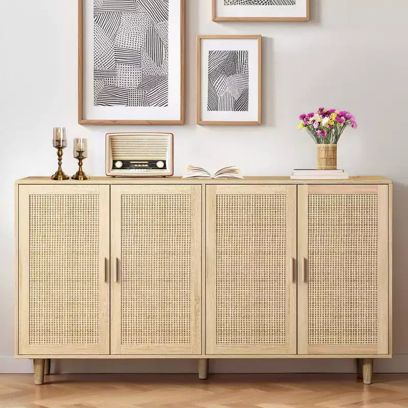 Armoire de rangement décorative en rotin à quatre portes, élégante et pratique, de 157,99 cm, idéale pour les chambres et les salons, couleur naturelle