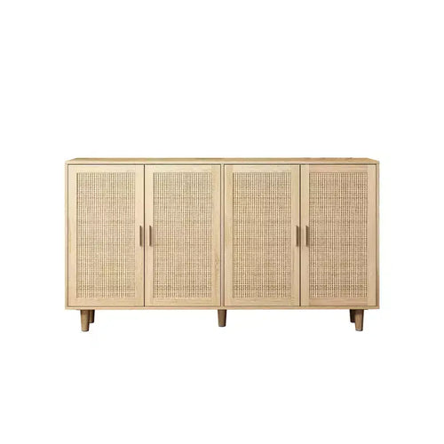 Armoire de rangement décorative en rotin à quatre portes, élégante et pratique, de 157,99 cm, idéale pour les chambres et les salons, couleur naturelle