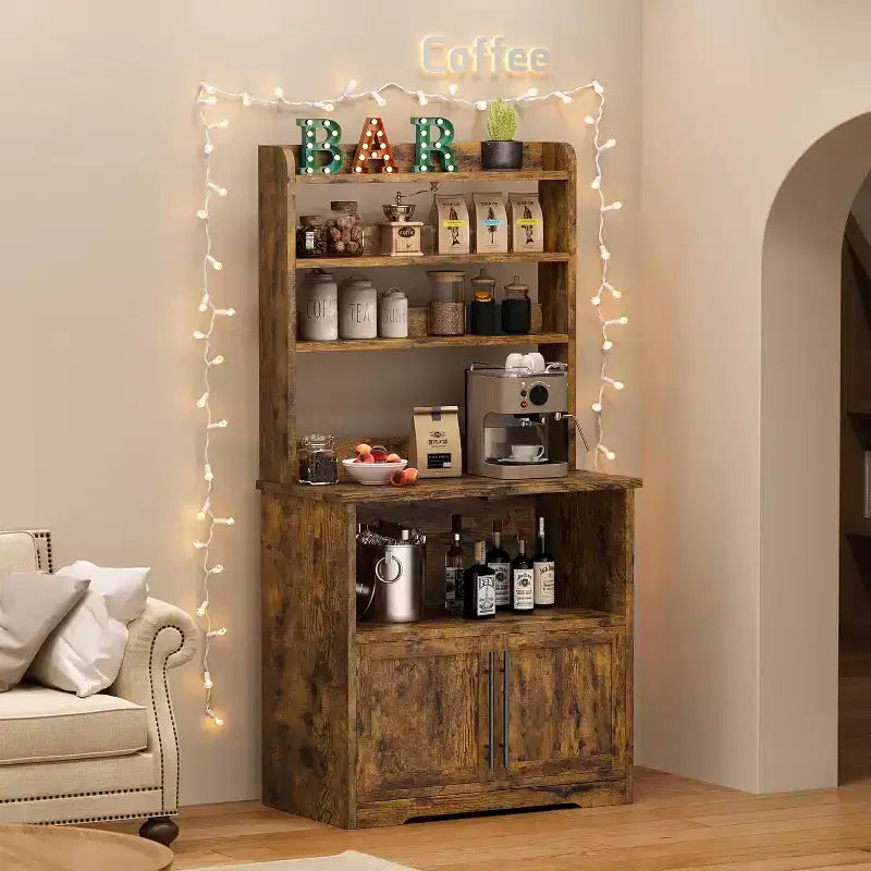 Farmhouse Bakers Rack with Adjustable Shelf, Microwave Stand with Storage Cabinet - Kitchen Hutch,for Pantry Organization, Spices, Dishes
