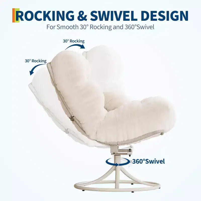Fauteuil lounge rotatif 360° surdimensionné avec base à bascule en métal, Fauteuil à bascule Papasan en rotin d'hiver avec coussin épais et moelleux de 6,3 po