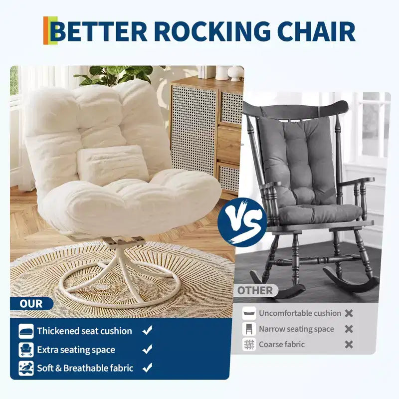 Fauteuil lounge rotatif 360° surdimensionné avec base à bascule en métal, Fauteuil à bascule Papasan en rotin d'hiver avec coussin épais et moelleux de 6,3 po
