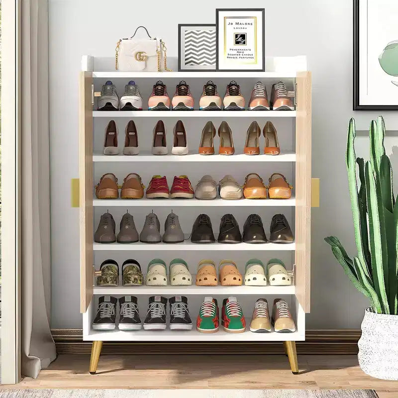Meuble à chaussures 7 niveaux, Organisateur de rangement de chaussures grande capacité avec étagères et portes réglables, Armoire d'entrée autoportante pour plus de 20 paires, Naturel