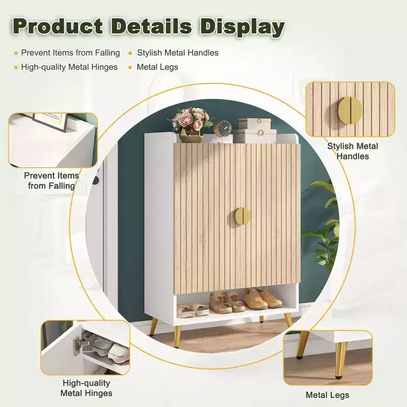Meuble à chaussures 7 niveaux, Organisateur de rangement de chaussures grande capacité avec étagères et portes réglables, Armoire d'entrée autoportante pour plus de 20 paires, Naturel