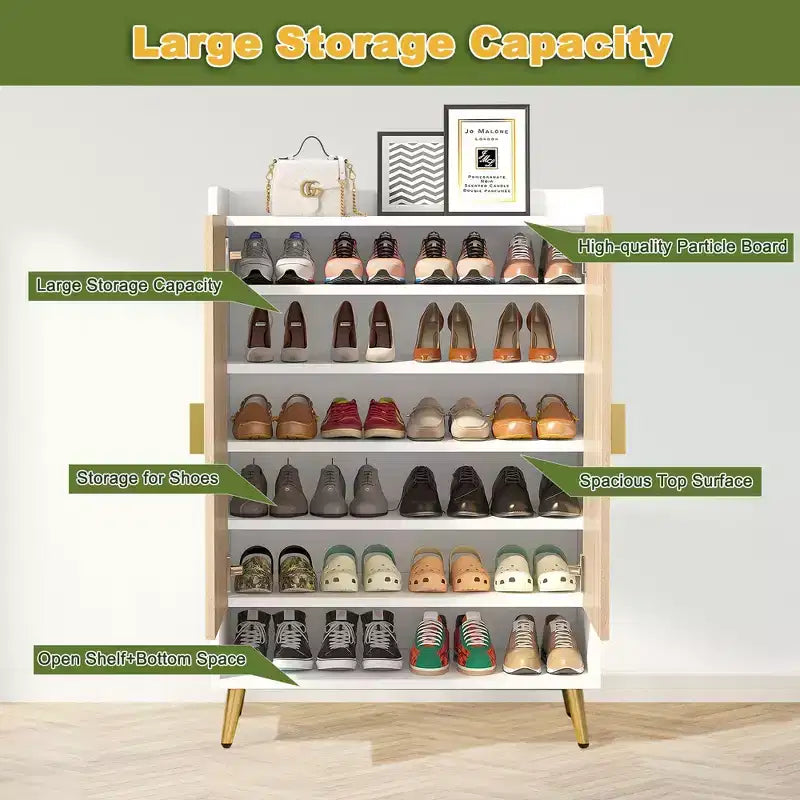 Meuble à chaussures 7 niveaux, Organisateur de rangement de chaussures grande capacité avec étagères et portes réglables, Armoire d'entrée autoportante pour plus de 20 paires, Naturel