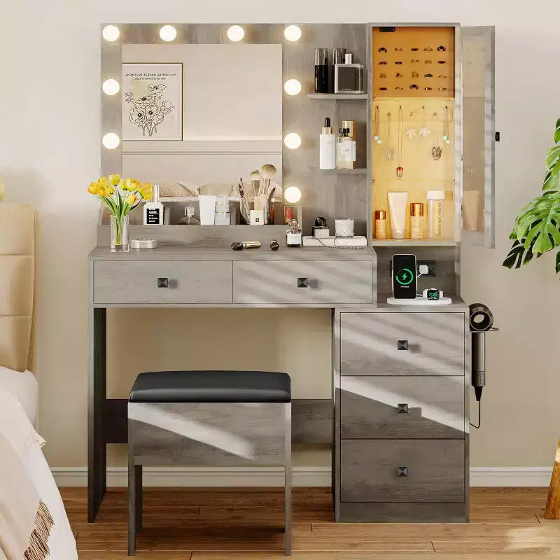 Coiffeuse avec miroir et lumières, 5 tiroirs, prise de courant et éclairage d'ambiance RVB