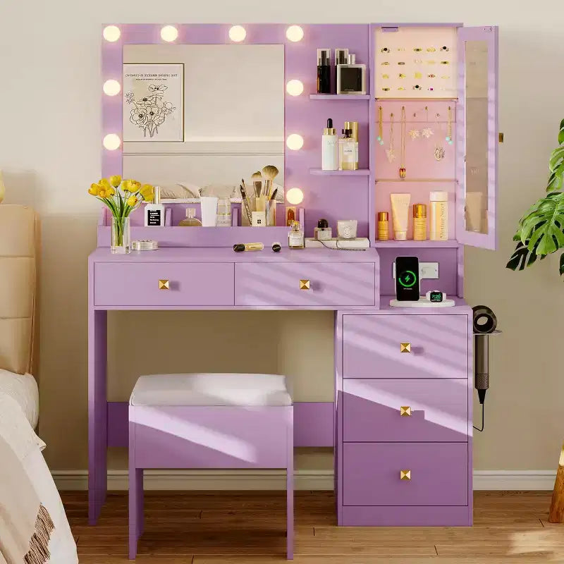 Coiffeuse avec miroir et lumières, 5 tiroirs, prise de courant et éclairage d'ambiance RVB
