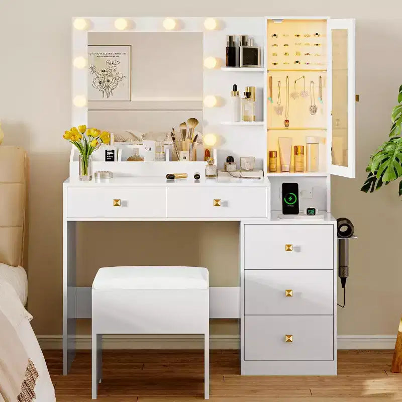 Coiffeuse avec miroir et lumières, 5 tiroirs, prise de courant et éclairage d'ambiance RVB