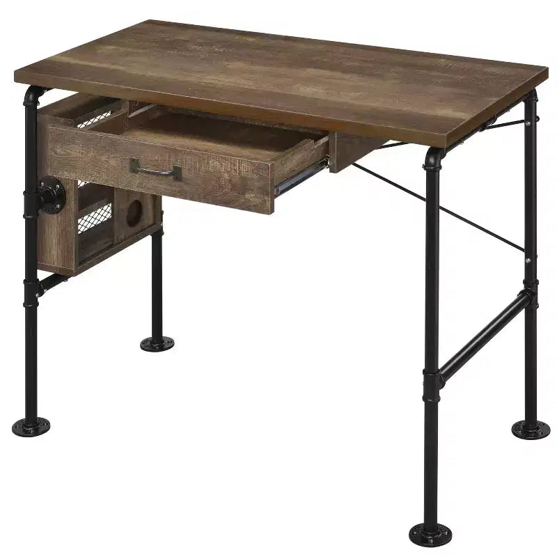 Bureau rectangulaire de 99,5 cm en chêne vieilli avec 3 étagères ouvertes, 1 tiroir, pieds en métal noir, bureau d'ordinateur moderne pour bureau ou domicile