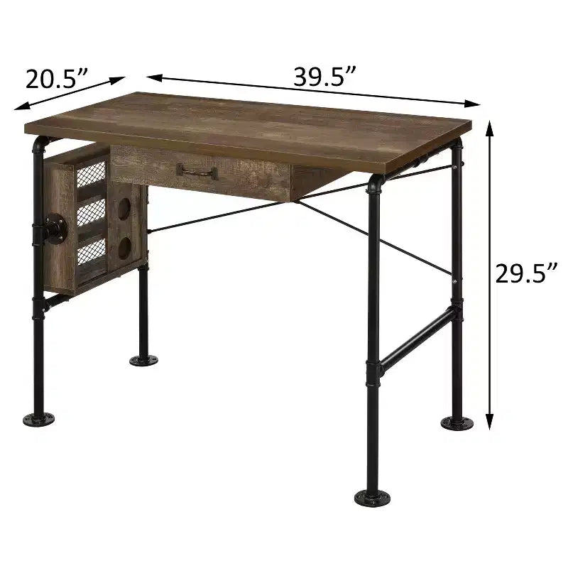 Bureau rectangulaire de 99,5 cm en chêne vieilli avec 3 étagères ouvertes, 1 tiroir, pieds en métal noir, bureau d'ordinateur moderne pour bureau ou domicile