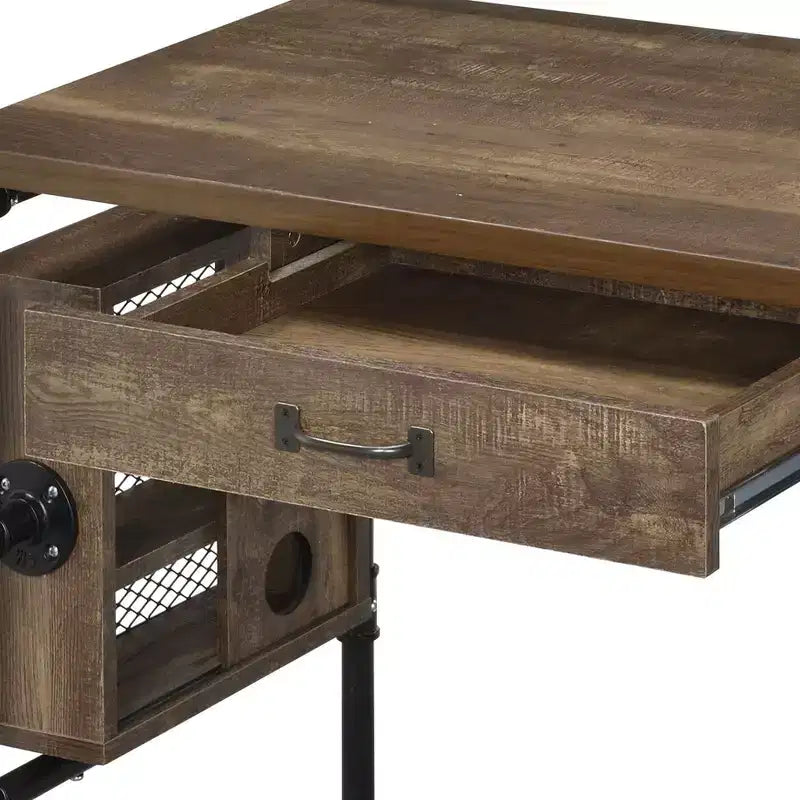 Bureau rectangulaire de 99,5 cm en chêne vieilli avec 3 étagères ouvertes, 1 tiroir, pieds en métal noir, bureau d'ordinateur moderne pour bureau ou domicile
