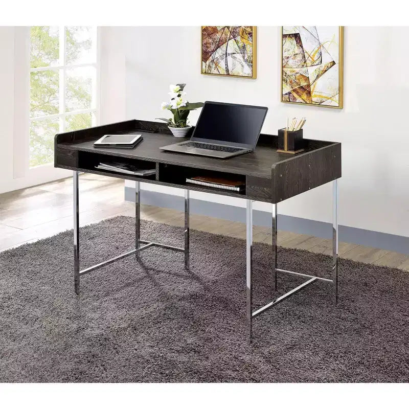 TUYOHW 47 Computer Desk,Office Desk with Storage Drawer,USB Port,Power Outlet,Brown Wood Desktop,Silver Steel Legs,Writing Desk for Office,Study