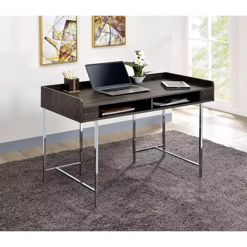 47 Bureau d'ordinateur, bureau avec tiroir de rangement, port USB, prise de courant, plateau en bois marron, pieds en acier argenté, bureau d'écriture pour le bureau, l'étude