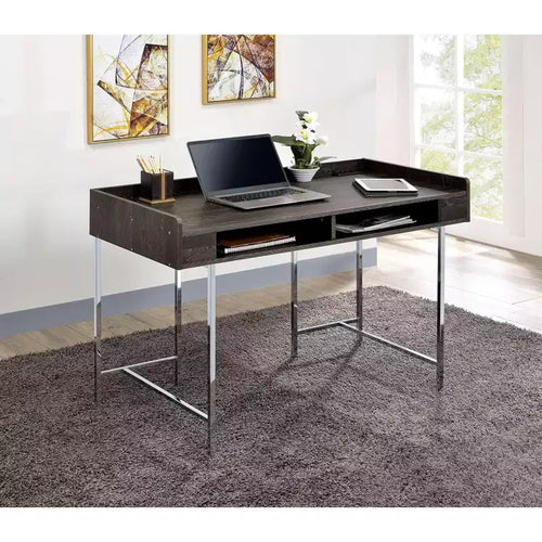 47 Bureau d'ordinateur, bureau avec tiroir de rangement, port USB, prise de courant, plateau en bois marron, pieds en acier argenté, bureau d'écriture pour le bureau, l'étude