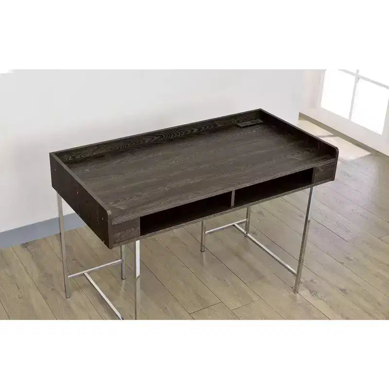 47 Bureau d'ordinateur, bureau avec tiroir de rangement, port USB, prise de courant, plateau en bois marron, pieds en acier argenté, bureau d'écriture pour le bureau, l'étude