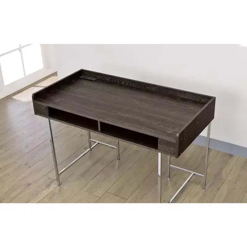 47 Bureau d'ordinateur, bureau avec tiroir de rangement, port USB, prise de courant, plateau en bois marron, pieds en acier argenté, bureau d'écriture pour le bureau, l'étude