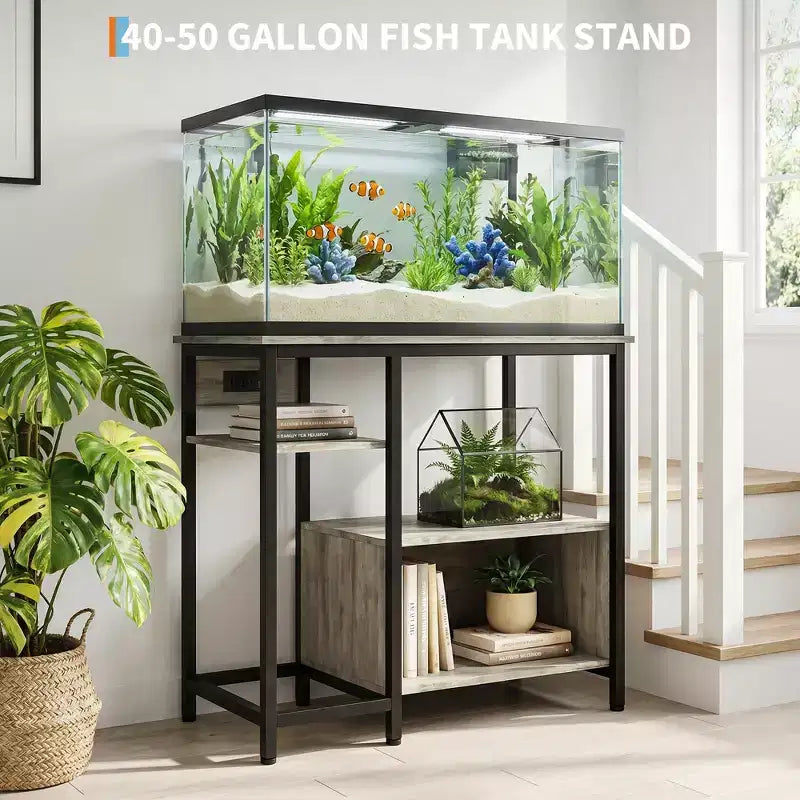 Meuble d'aquarium robuste pour aquarium de 150 à 190 litres, étagères de rangement à 4 niveaux en métal et bois avec prises de courant, organisateur solide pour poissons et tortues