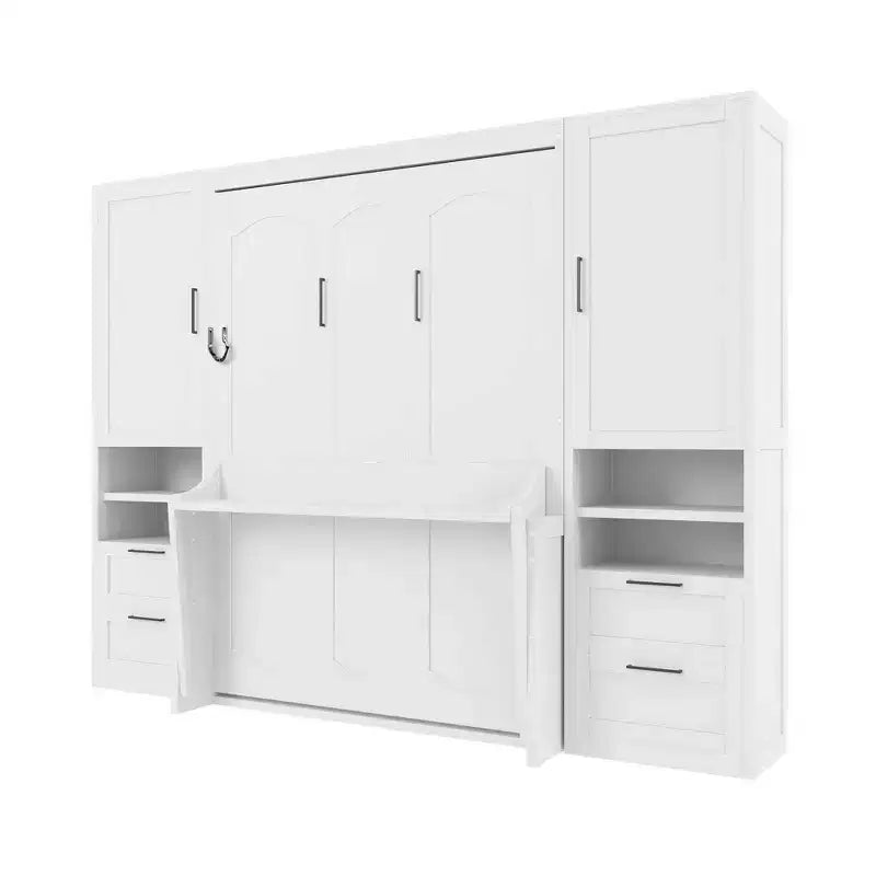 Lit escamotable mural moderne avec 2 armoires, 4 tiroirs et des étagères, Blanc
