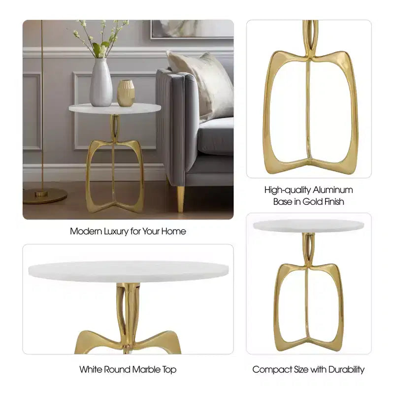 Table d'appoint chic, petite table de chevet ou guéridon pour la décoration intérieure - Table en métal avec plateau en marbre et cadre artistique pour les petits espaces - 22 Blanc et doré