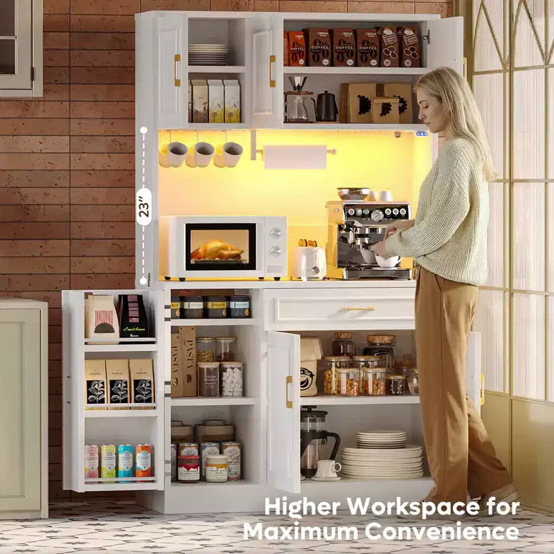 Buffet de cuisine de 71 po en bois manufacturé blanc style rustique avec étagères réglables, éclairage intégré et prise de courant