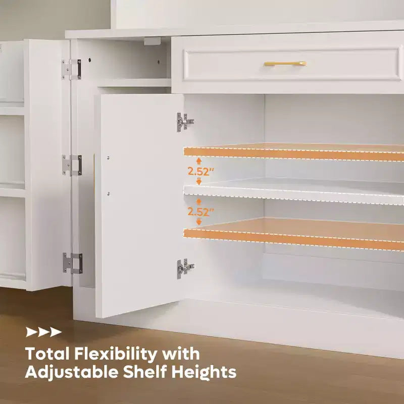 Buffet de cuisine de 71 po en bois manufacturé blanc style rustique avec étagères réglables, éclairage intégré et prise de courant