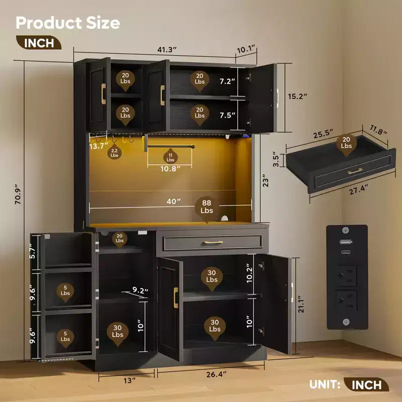 Buffet de cuisine de 71 po en bois manufacturé blanc style rustique avec étagères réglables, éclairage intégré et prise de courant