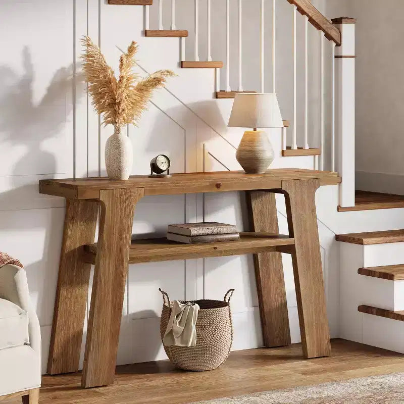 Lantine 47 Solid Wood Farmhouse Console Entryway Table with 2-Tier Storage, suitable for hallway, behind couch, living room, easy assembly.