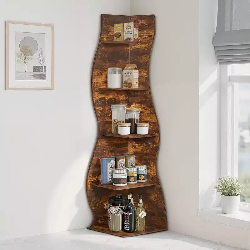 Étagère d'angle 5 niveaux Wave, étagère de rangement rustique facile à monter, organisateur peu encombrant pour la décoration intérieure