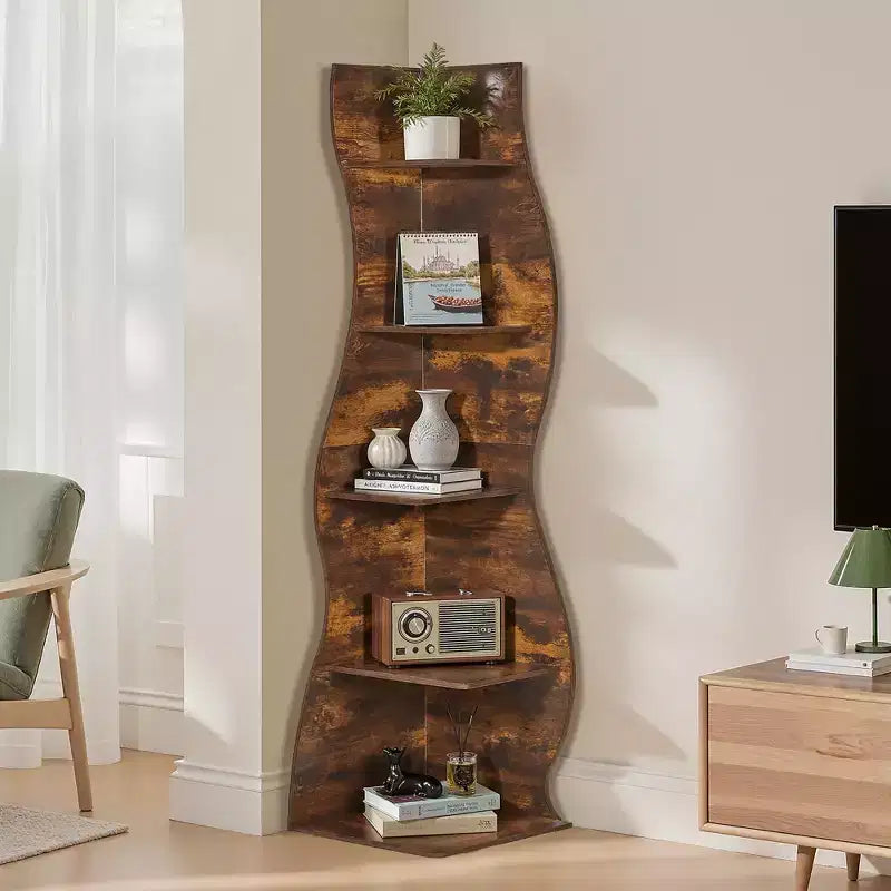 Étagère d'angle 5 niveaux Wave, étagère de rangement rustique facile à monter, organisateur peu encombrant pour la décoration intérieure