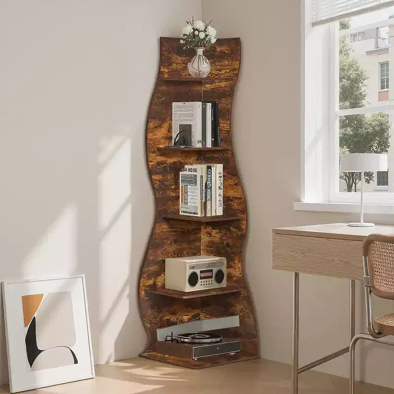 Étagère d'angle 5 niveaux Wave, étagère de rangement rustique facile à monter, organisateur peu encombrant pour la décoration intérieure