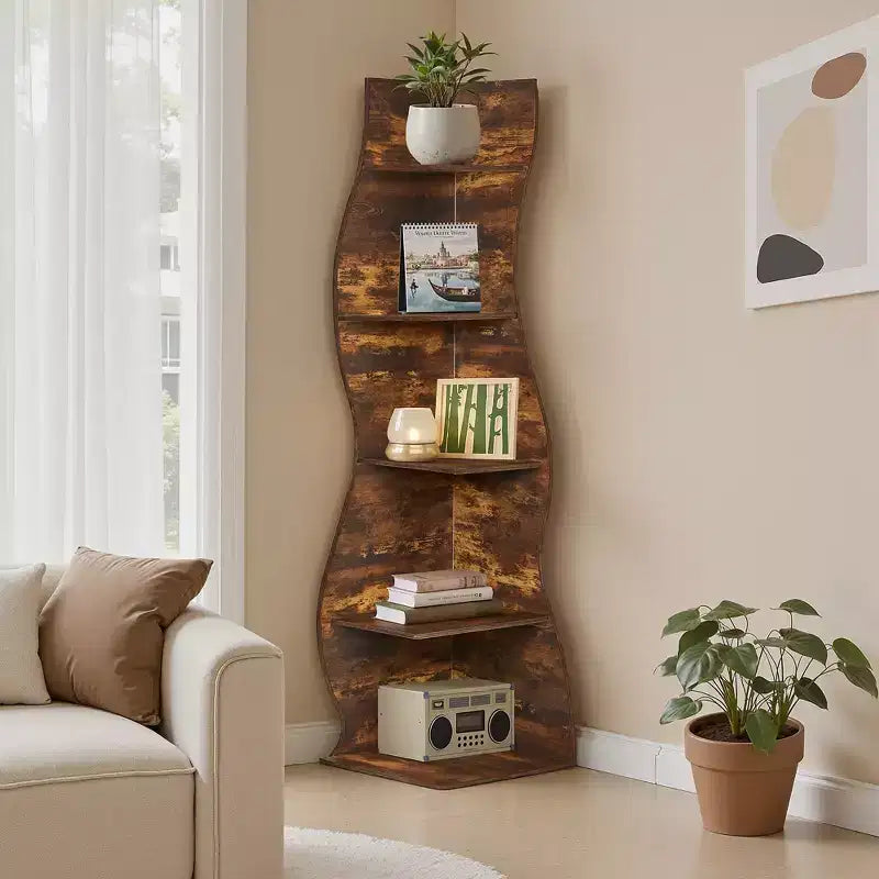 Étagère d'angle 5 niveaux Wave, étagère de rangement rustique facile à monter, organisateur peu encombrant pour la décoration intérieure